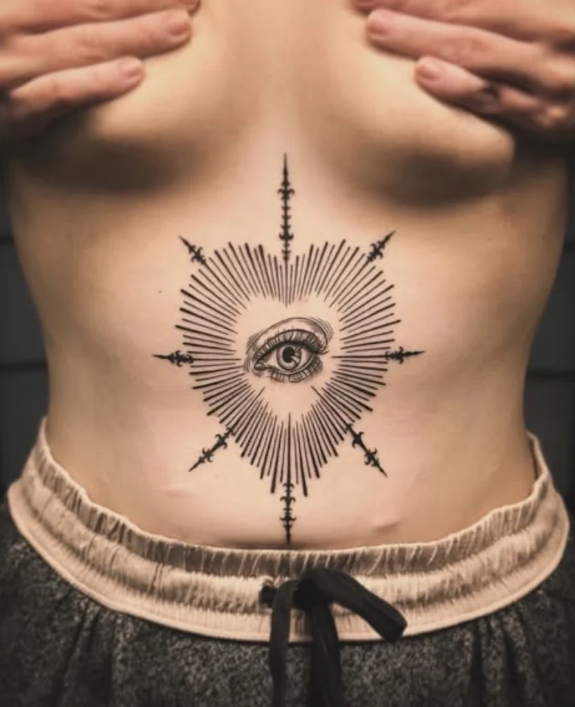 Intricate fine line tattoo featuring a mystical eye design with geometric sunburst pattern by Melbourne artists